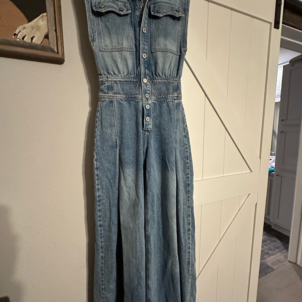 Light Blue Denim Wide-Leg Jumpsuit with Button Front